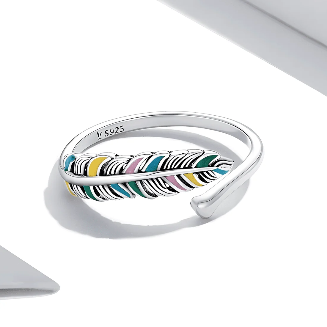 Anillo de Pluma <myexti><span>Plata de Ley 925, chapada en oro blanco, con esmalte multicolor - ajustable</span></myexti> - Imagen 5