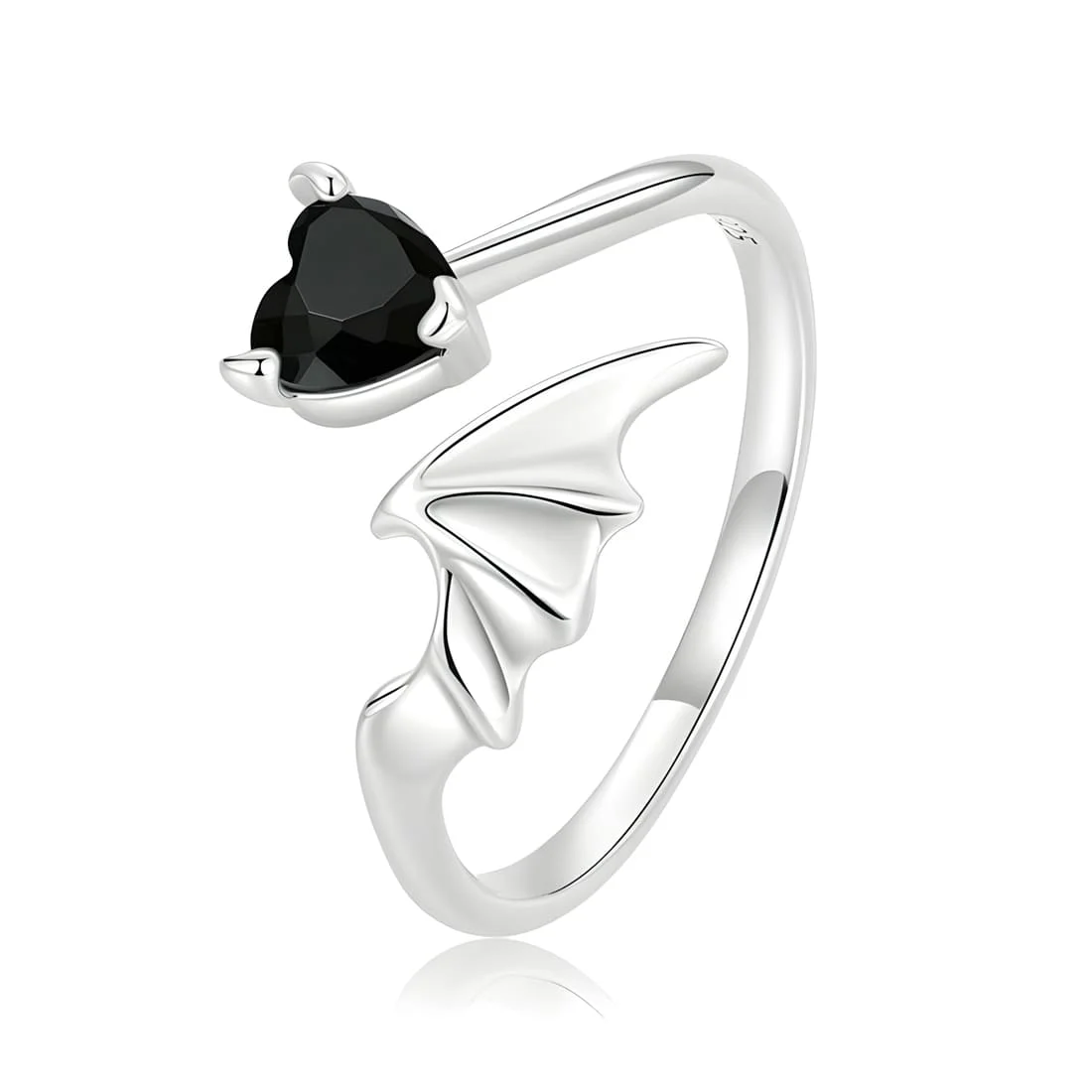 Anillo de Corazón Negro <myexti><span>Plata de Ley 925, chapada en oro blanco, con alas de murciélago y cuernos de diablo, y circonitas negras - ajustable</span></myexti>