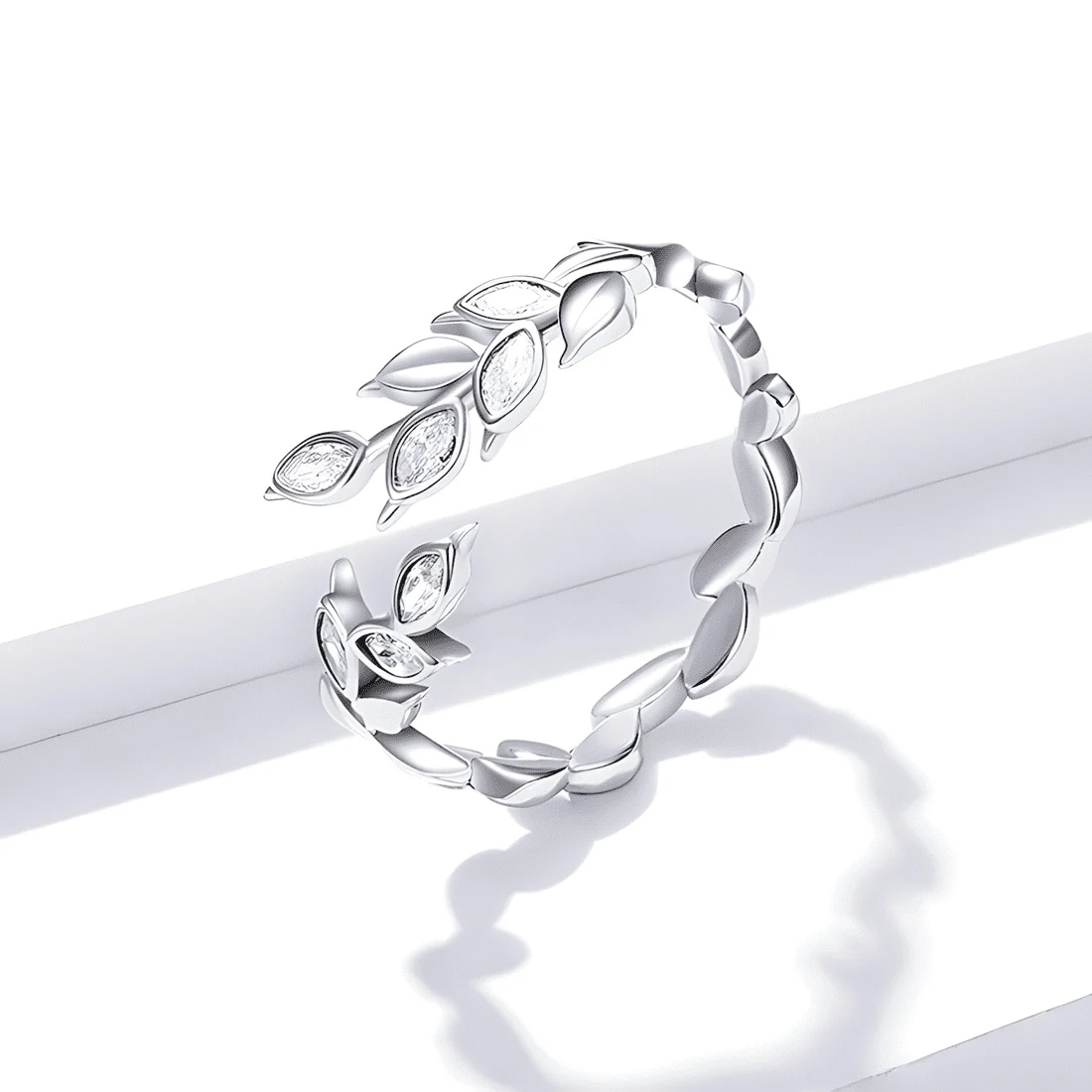 Anillo Hojas Brillantes <myexti><span>Plata de Ley 925, chapada en oro blanco, con circonitas - ajustable</span></myexti> - Imagen 3