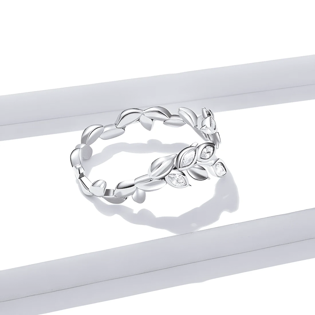 Anillo Hojas Brillantes <myexti><span>Plata de Ley 925, chapada en oro blanco, con circonitas - ajustable</span></myexti> - Imagen 4