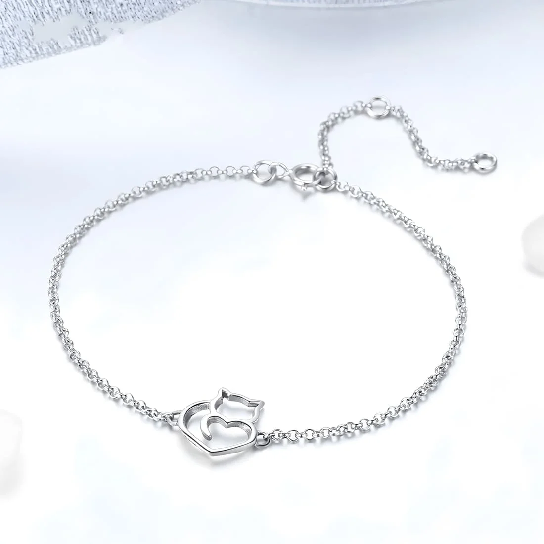 Pulsera Gato con Corazón <myexti><span>Plata de Ley 925, chapada en oro blanco, con longitud ajustable</span></myexti> - Imagen 3