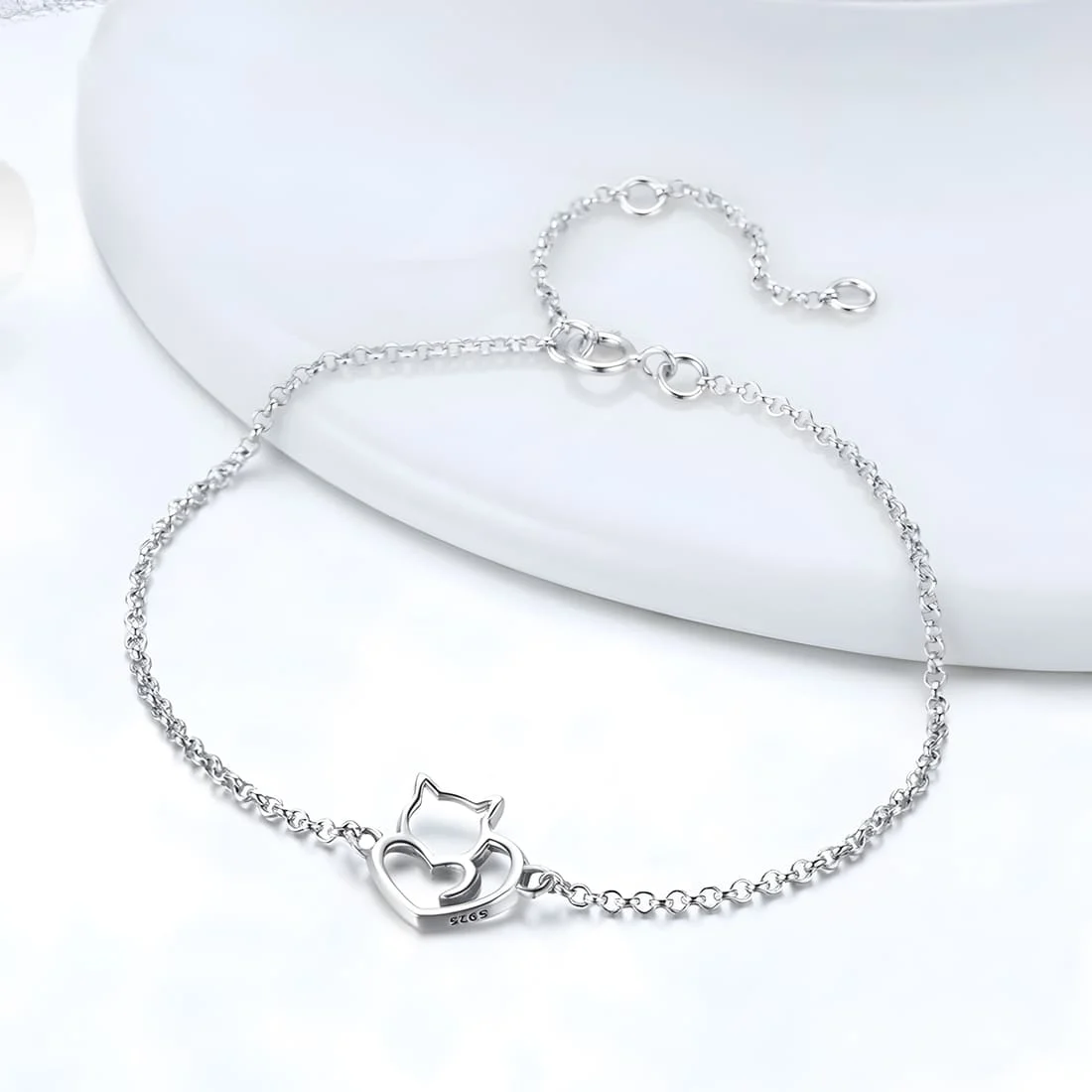 Pulsera Gato con Corazón <myexti><span>Plata de Ley 925, chapada en oro blanco, con longitud ajustable</span></myexti> - Imagen 4