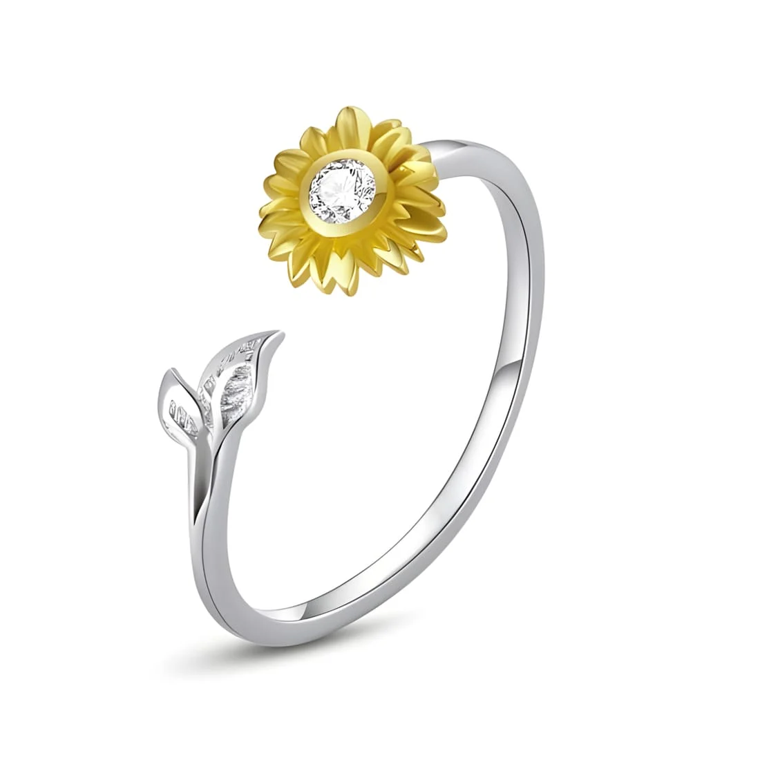 Anillo de Girasol <myexti><span>Plata de Ley 925, chapada en oro blanco y pétalos chapados en oro amarillo, con circonitas - ajustable</span></myexti>