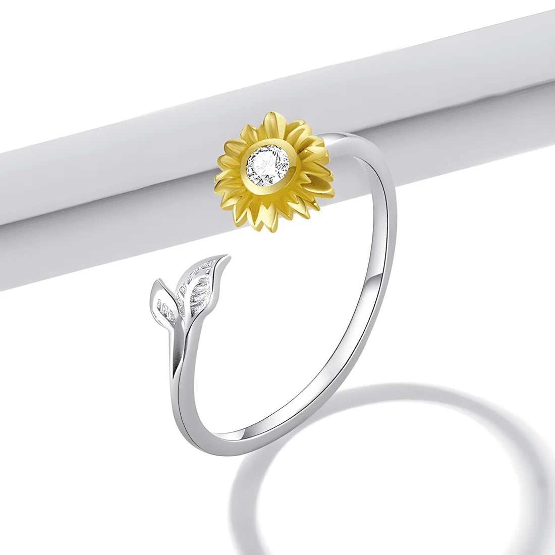 Anillo de Girasol <myexti><span>Plata de Ley 925, chapada en oro blanco y pétalos chapados en oro amarillo, con circonitas - ajustable</span></myexti> - Imagen 3