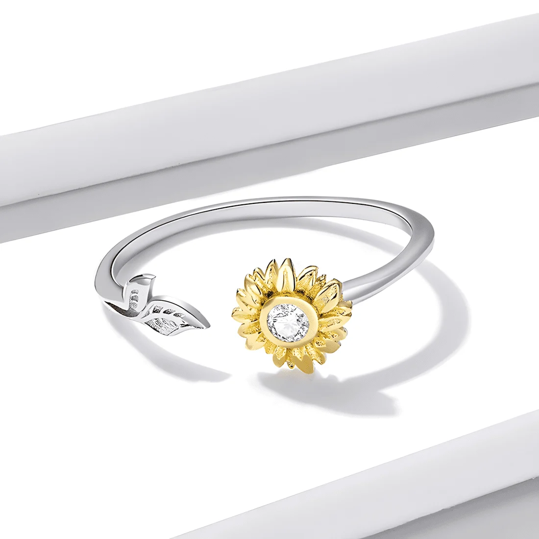 Anillo de Girasol <myexti><span>Plata de Ley 925, chapada en oro blanco y pétalos chapados en oro amarillo, con circonitas - ajustable</span></myexti> - Imagen 4