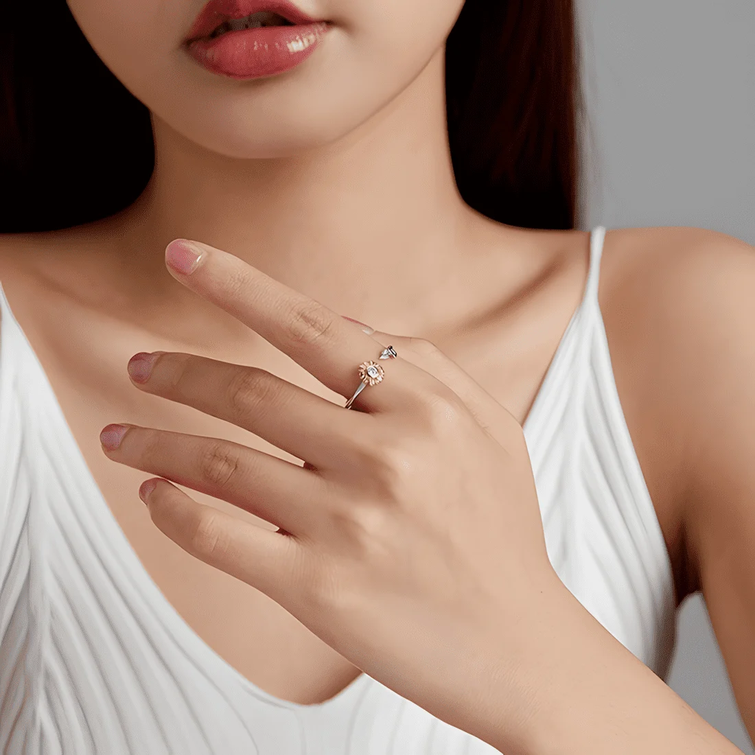 Anillo de Girasol <myexti><span>Plata de Ley 925, chapada en oro blanco y pétalos chapados en oro amarillo, con circonitas - ajustable</span></myexti> - Imagen 7