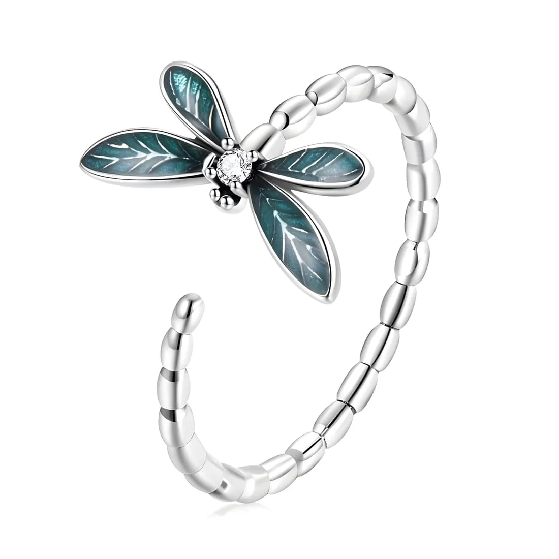 Anillo de Libélula <myexti><span>Plata de Ley 925, chapada en oro blanco, con alas esmaltadas en verde - ajustable</span></myexti>
