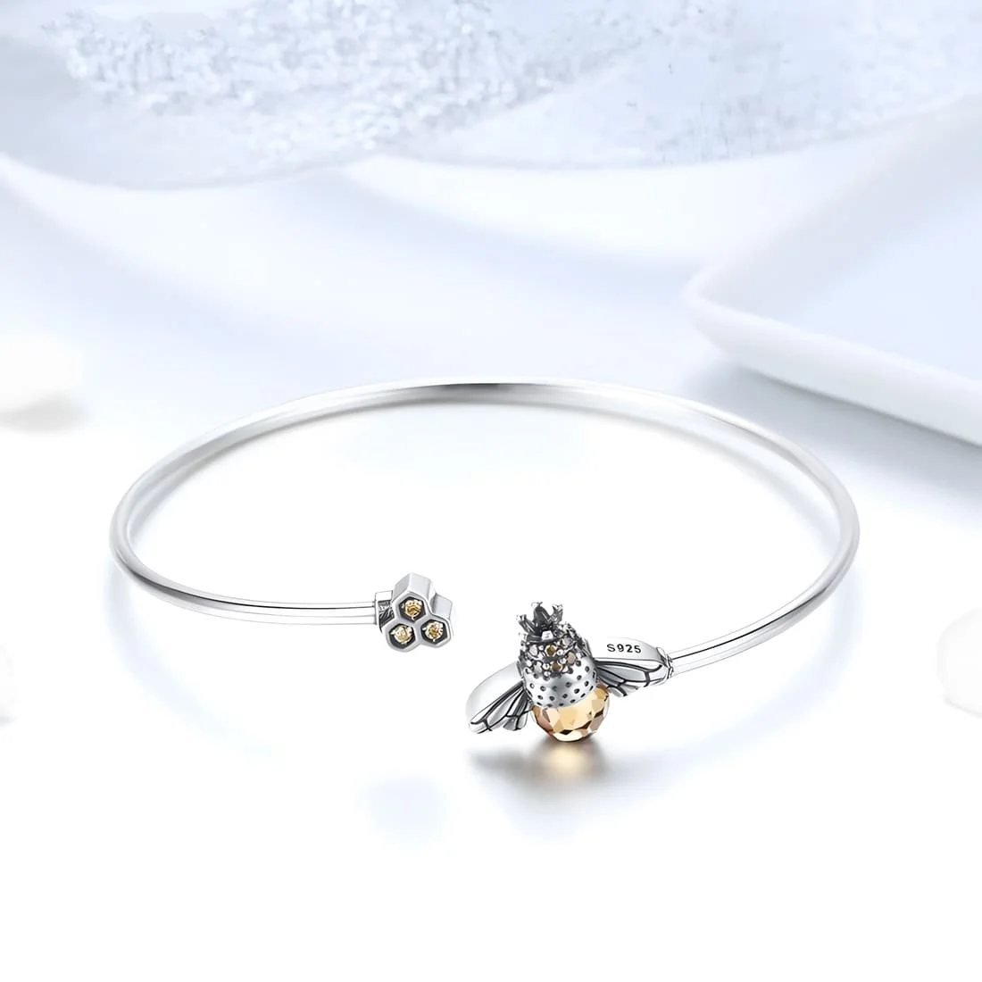 Pulsera Esclava Abeja Reina <myexti><span>Plata de Ley 925, chapada en oro blanco, con circonitas marrones</span></myexti> - Imagen 3