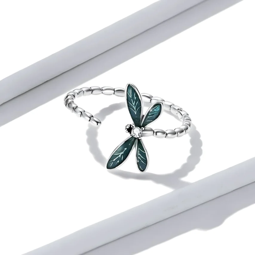 Anillo de Libélula <myexti><span>Plata de Ley 925, chapada en oro blanco, con alas esmaltadas en verde - ajustable</span></myexti> - Imagen 4