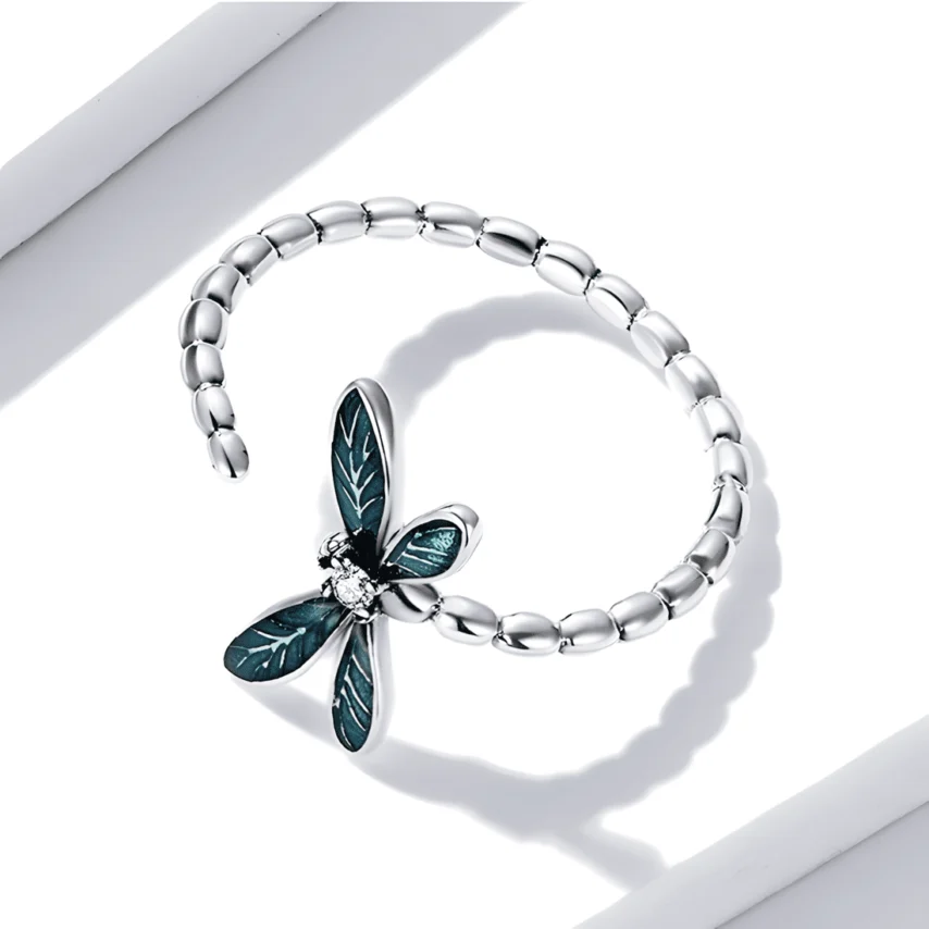 Anillo de Libélula <myexti><span>Plata de Ley 925, chapada en oro blanco, con alas esmaltadas en verde - ajustable</span></myexti> - Imagen 5