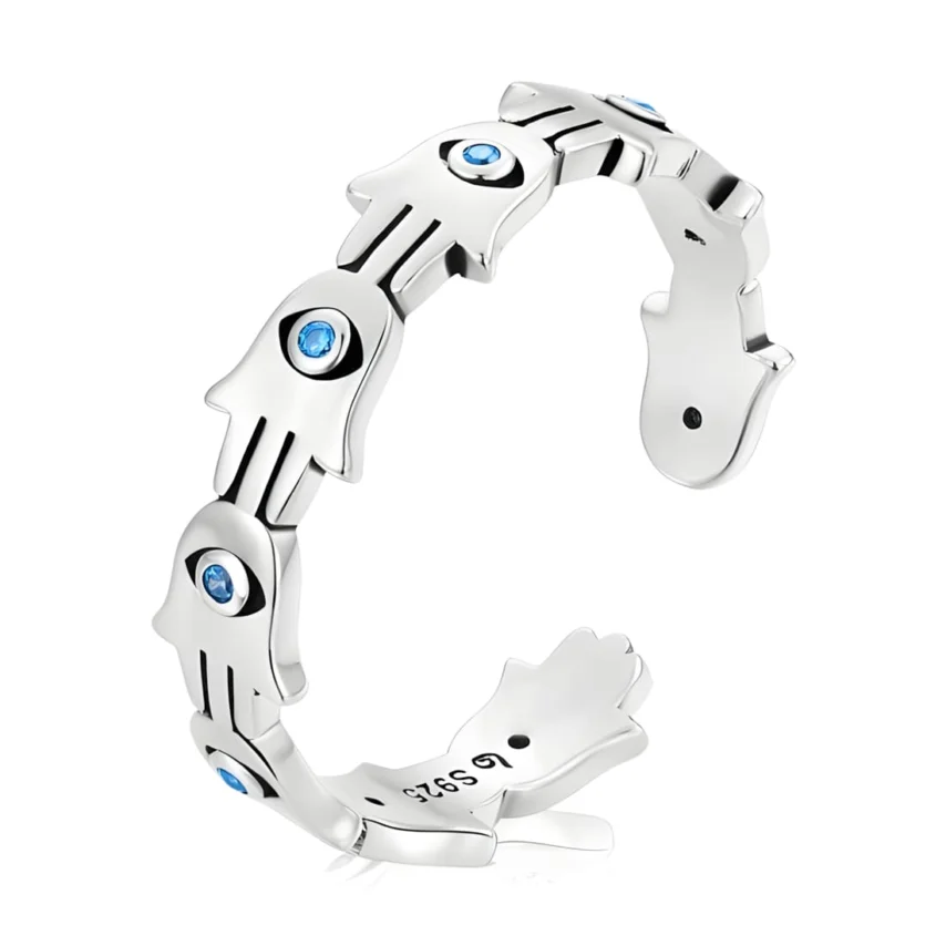 Anillo Hamsa <myexti><span>Plata de Ley 925, chapada en oro blanco, con circonitas azules - ajustable</span></myexti>