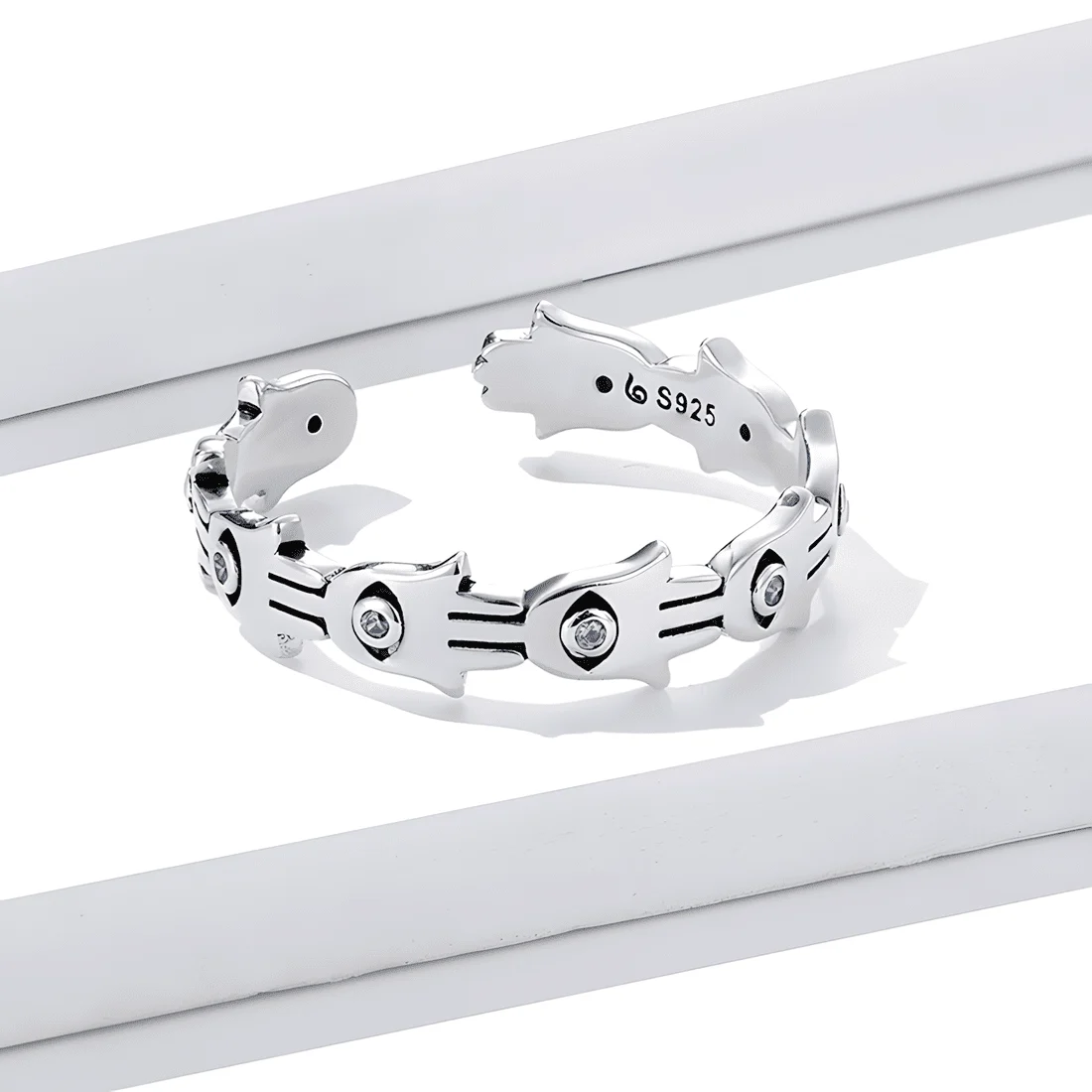 Anillo Hamsa <myexti><span>Plata de Ley 925, chapada en oro blanco, con circonitas azules - ajustable</span></myexti> - Imagen 3