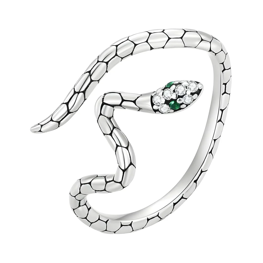 Anillo de Serpiente <myexti><span>Plata de Ley 925, chapada en oro blanco, con circonitas verdes y blancas - ajustable</span></myexti>