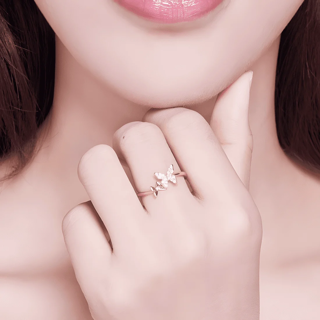 Anillo de Mariposas <myexti><span>Plata de Ley 925, chapada en oro rosa, con circonitas - ajustable</span></myexti> - Imagen 2