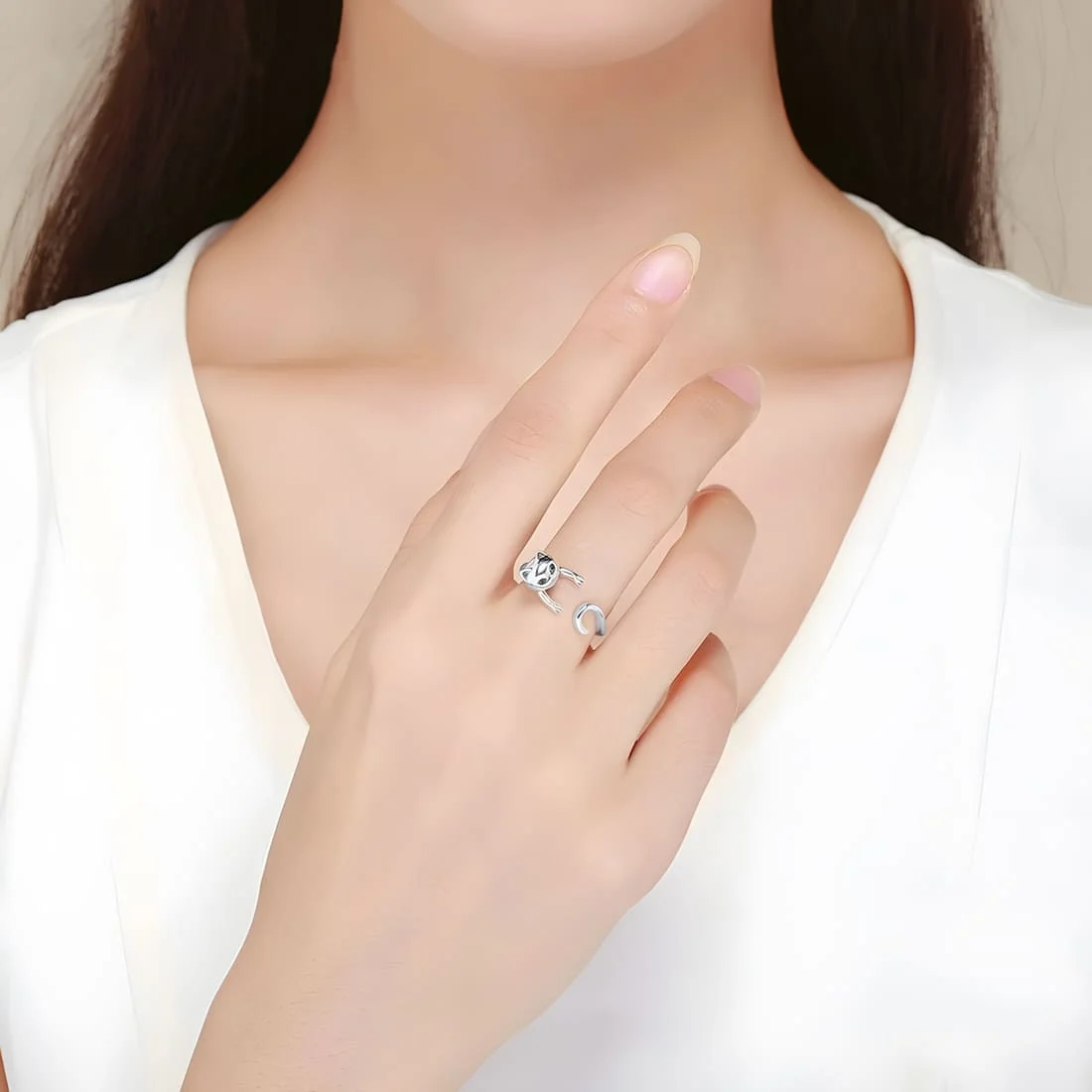 Anillo de Gato <myexti><span>Plata de Ley 925, chapada en oro blanco, con ojos esmaltados en negro - ajustable</span></myexti> - Imagen 2