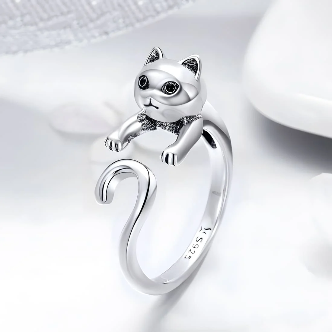 Anillo de Gato <myexti><span>Plata de Ley 925, chapada en oro blanco, con ojos esmaltados en negro - ajustable</span></myexti> - Imagen 3