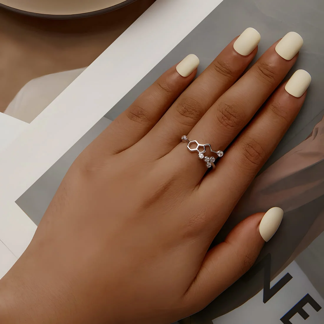 Anillo de Molécula <myexti><span>Plata de Ley 925, chapada en oro blanco, con circonitas - ajustable</span></myexti> - Imagen 2