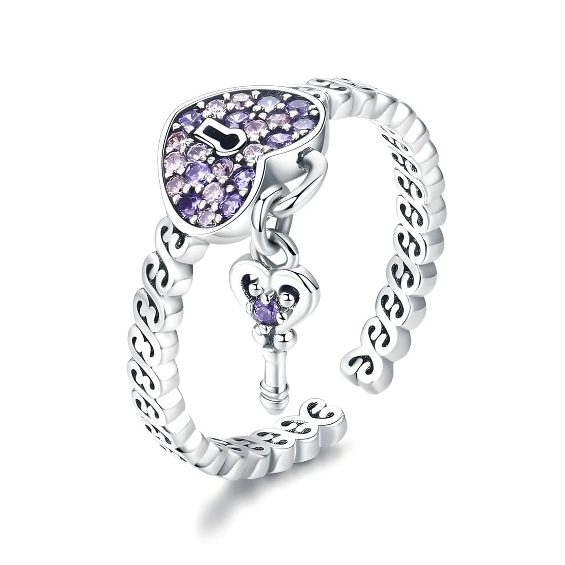 Anillo de Corazón con Candado <myexti><span>Plata de Ley 925, chapada en oro blanco, con circonitas púrpuras y rosas - ajustable</span></myexti>