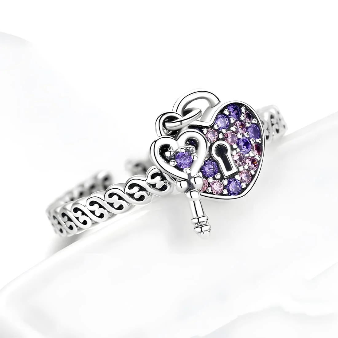 Anillo de Corazón con Candado <myexti><span>Plata de Ley 925, chapada en oro blanco, con circonitas púrpuras y rosas - ajustable</span></myexti> - Imagen 3