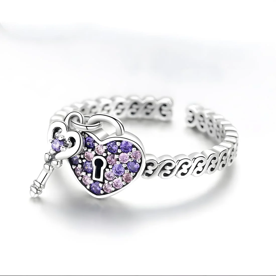 Anillo de Corazón con Candado <myexti><span>Plata de Ley 925, chapada en oro blanco, con circonitas púrpuras y rosas - ajustable</span></myexti> - Imagen 4