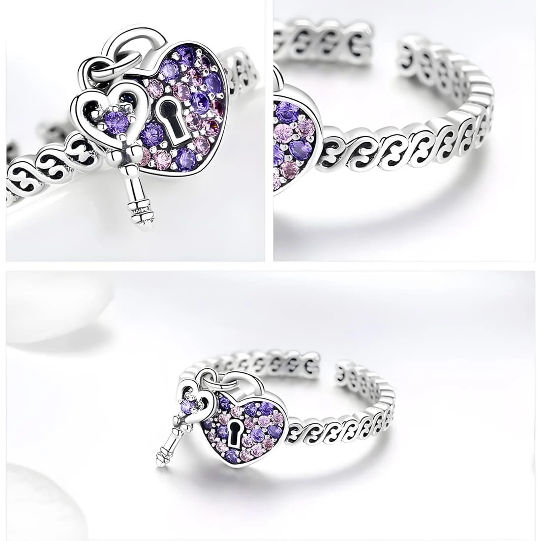 Anillo de Corazón con Candado <myexti><span>Plata de Ley 925, chapada en oro blanco, con circonitas púrpuras y rosas - ajustable</span></myexti> - Imagen 5
