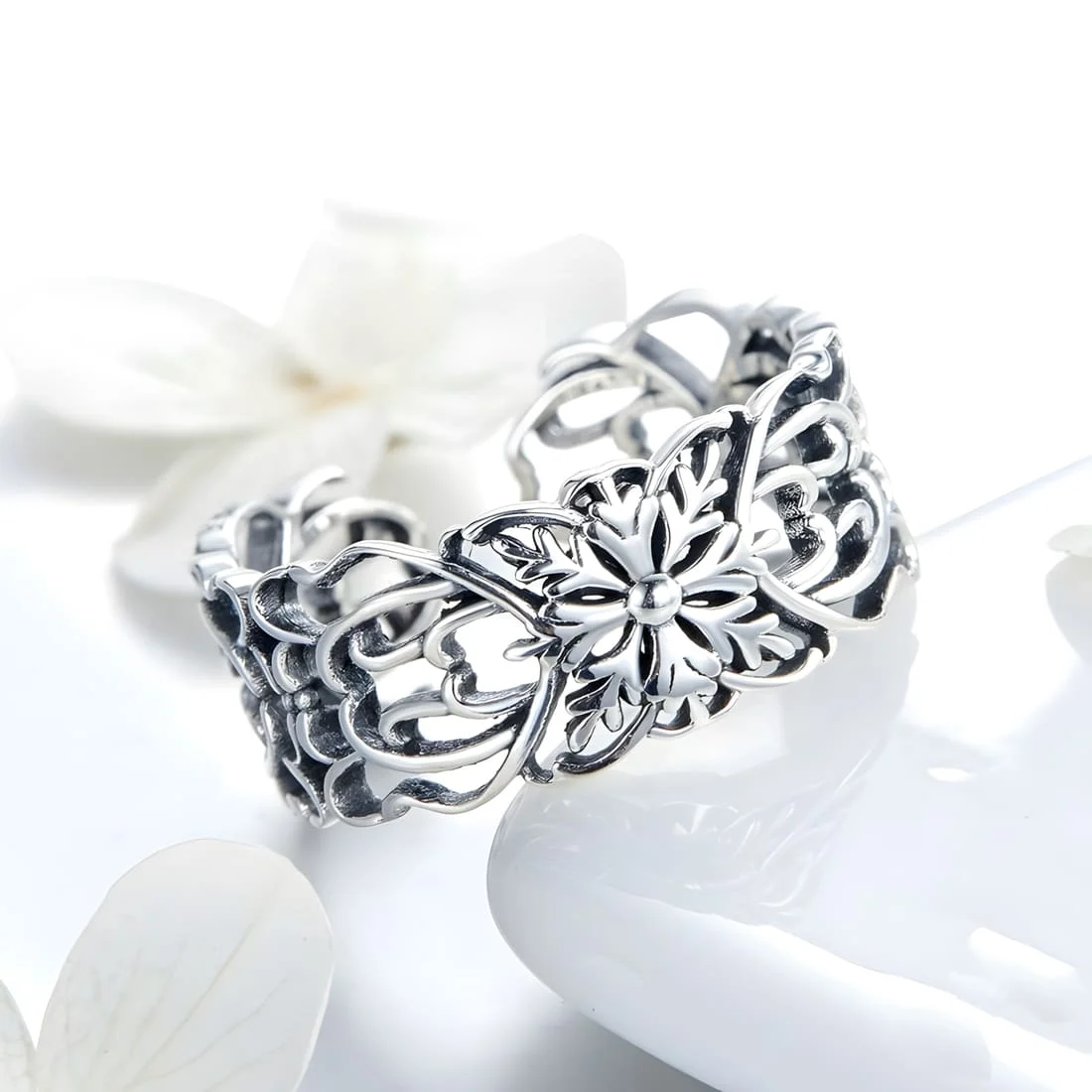 Anillo Floral <myexti><span>Plata de Ley 925, chapada en oro blanco - ajustable</span></myexti> - Imagen 4