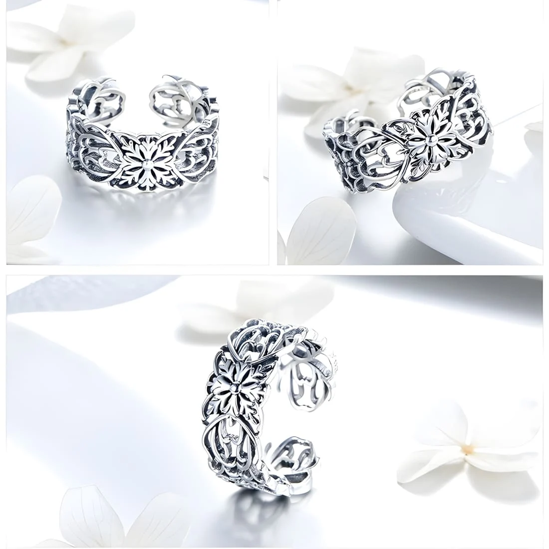 Anillo Floral <myexti><span>Plata de Ley 925, chapada en oro blanco - ajustable</span></myexti> - Imagen 5