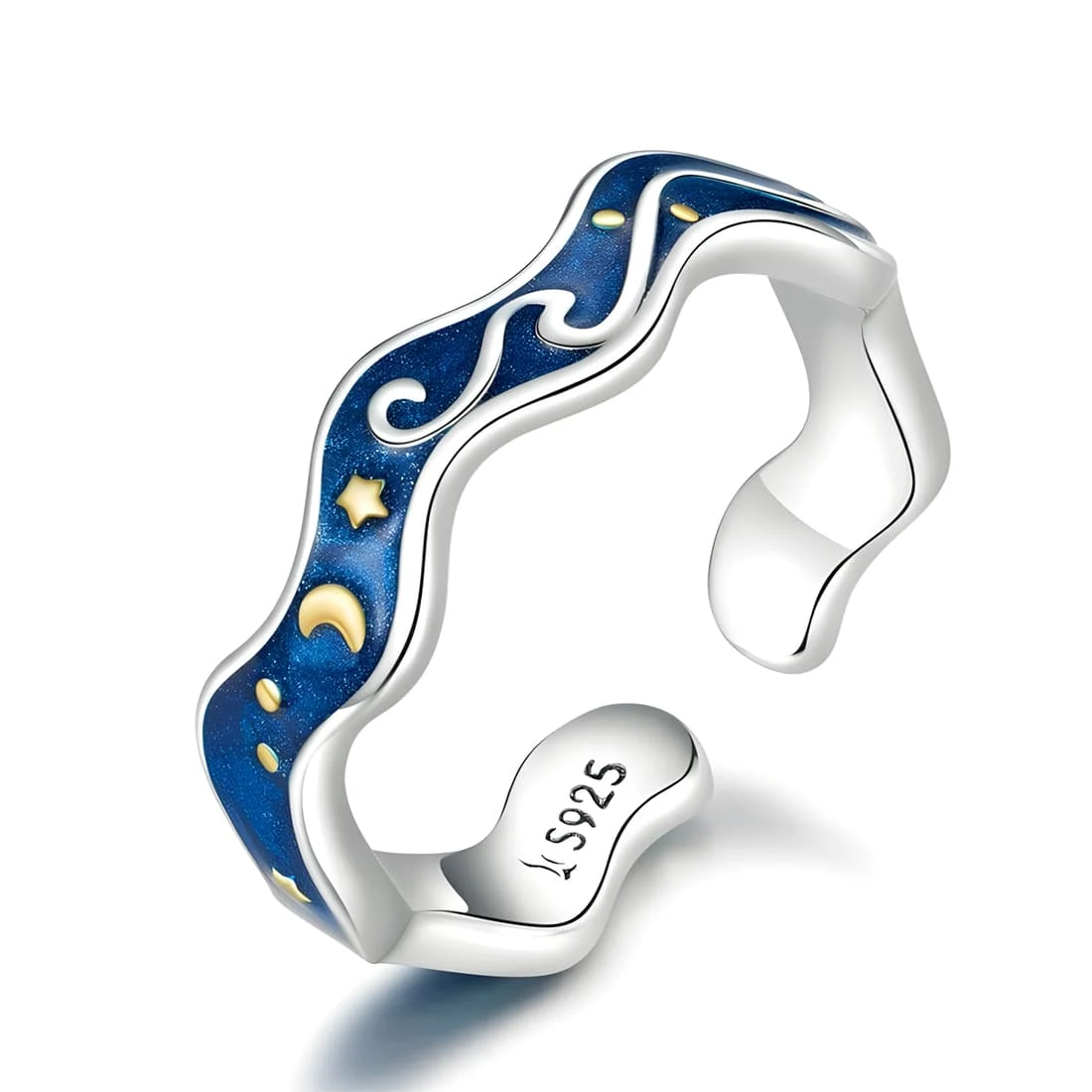 Anillo Cielo Estrellado <myexti><span>Plata de Ley 925, chapada en oro blanco, con cielo nocturno esmaltado a mano en azul y dorado - ajustable</span></myexti>