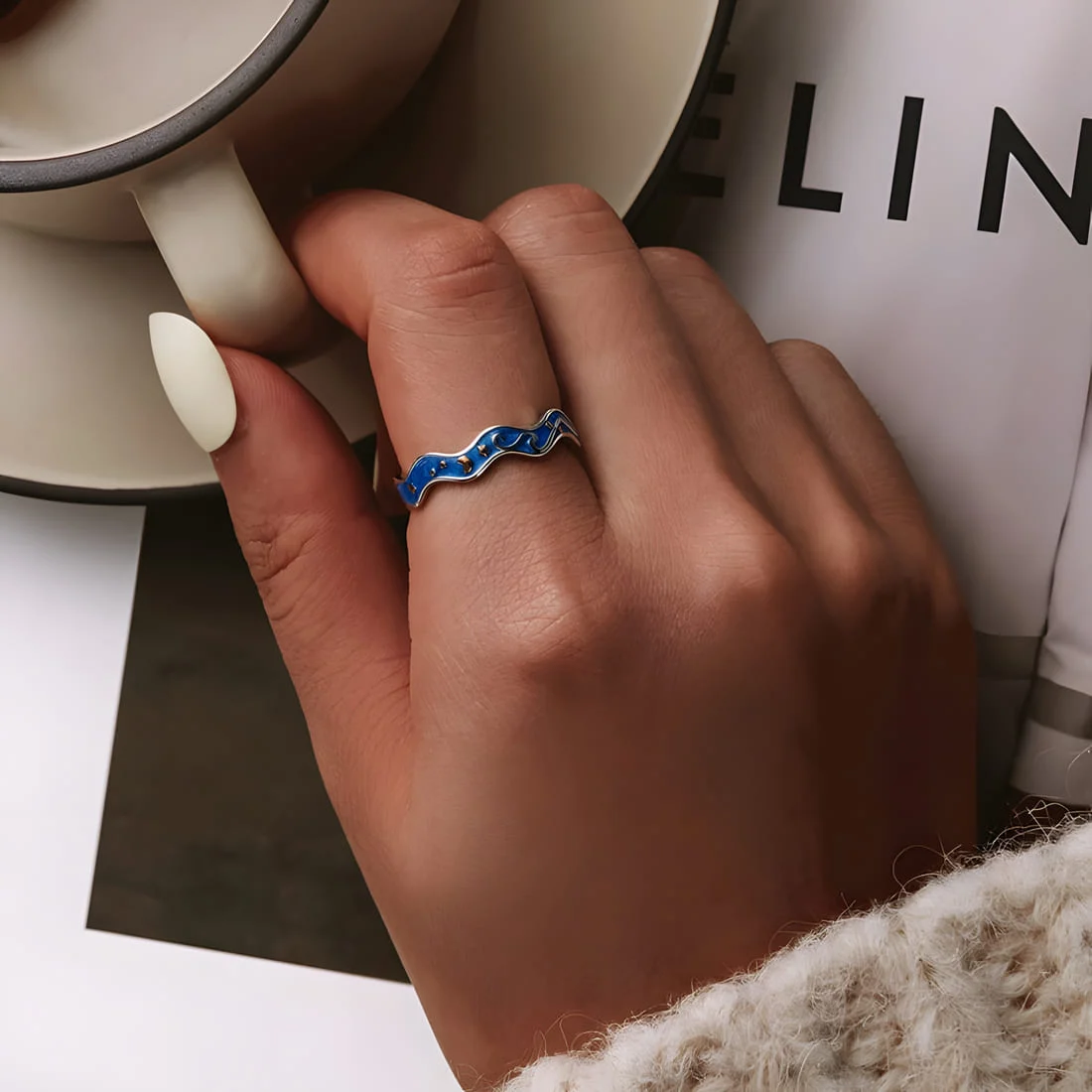 Anillo Cielo Estrellado <myexti><span>Plata de Ley 925, chapada en oro blanco, con cielo nocturno esmaltado a mano en azul y dorado - ajustable</span></myexti> - Imagen 5