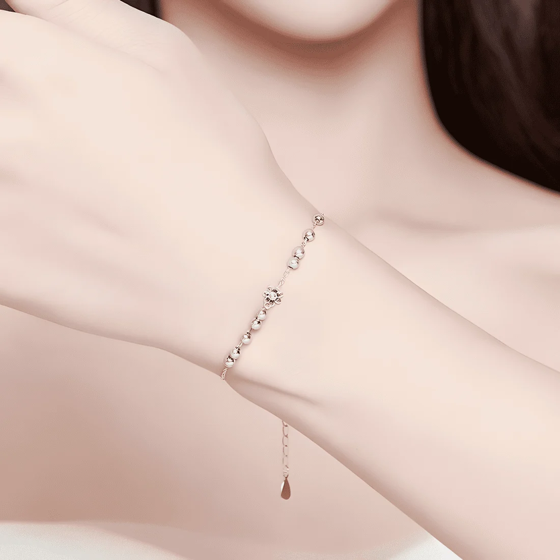 Pulsera Margaritas <myexti><span>Plata de Ley 925, chapada en oro blanco, con cuentas y longitud ajustable</span></myexti> - Imagen 2