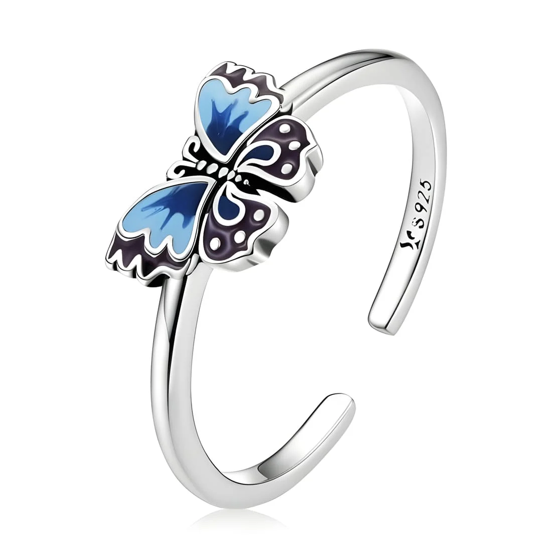 Anillo Mariposa Azul <myexti><span>Plata de Ley 925, chapada en oro blanco, esmaltado a mano en azul y negro - ajustable</span></myexti>