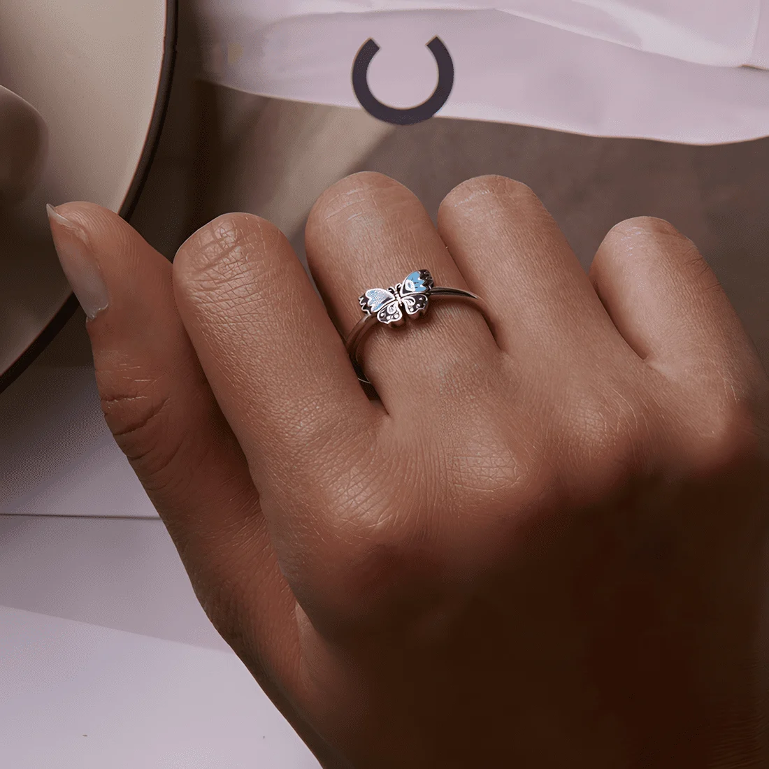 Anillo Mariposa Azul <myexti><span>Plata de Ley 925, chapada en oro blanco, esmaltado a mano en azul y negro - ajustable</span></myexti> - Imagen 2