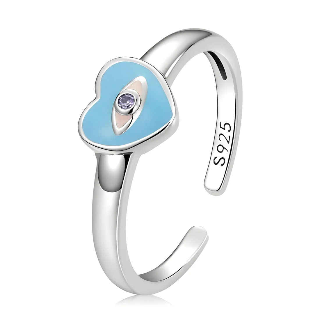 Anillo Ojo del Diablo con Corazón <myexti><span>Plata de Ley 925, chapada en oro blanco, con esmalte azul claro y circonitas púrpuras - ajustable</span></myexti>