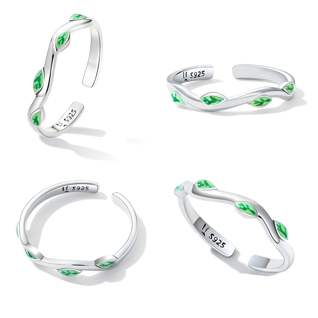 Anillo de Hojas Verdes <myexti><span>Plata de Ley 925, chapada en oro blanco, con esmalte verde - ajustable</span></myexti> - Imagen 3