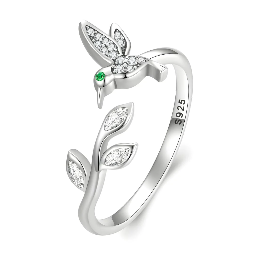 Anillo de Colibrí <myexti><span>Plata de Ley 925, chapada en oro blanco, con circonitas blancas y verdes - ajustable</span></myexti>