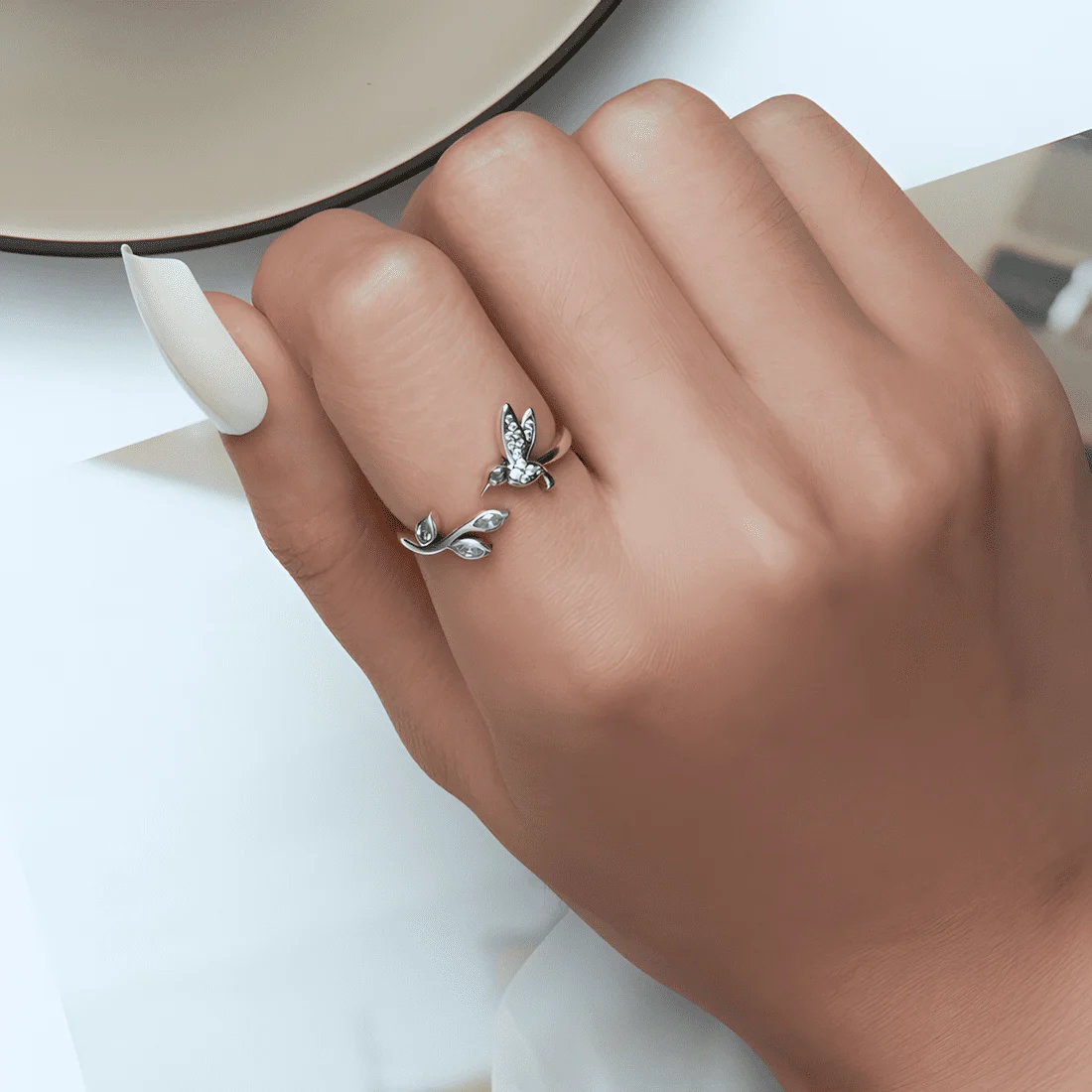 Anillo de Colibrí <myexti><span>Plata de Ley 925, chapada en oro blanco, con circonitas blancas y verdes - ajustable</span></myexti> - Imagen 2