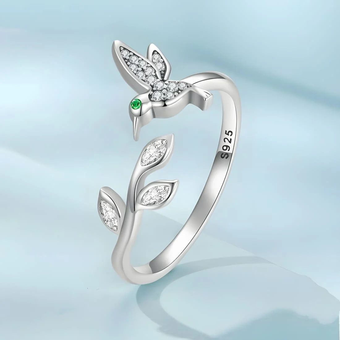 Anillo de Colibrí <myexti><span>Plata de Ley 925, chapada en oro blanco, con circonitas blancas y verdes - ajustable</span></myexti> - Imagen 3
