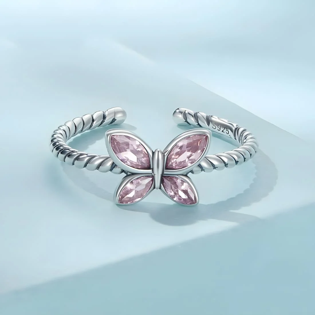 Anillo Mariposa Rosa <myexti><span>Plata de Ley 925, chapada en oro blanco, con circonitas rosas - ajustable</span></myexti> - Imagen 3