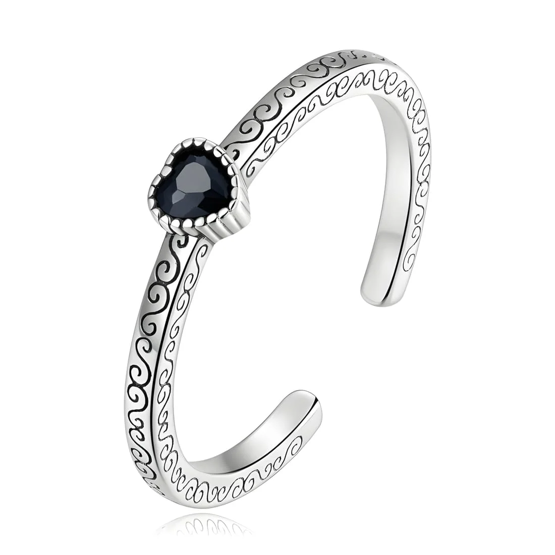 Anillo de Corazón Negro <myexti><span>Plata de Ley 925, chapada en oro blanco, con circonitas negras y grabados vintage - ajustable</span></myexti>