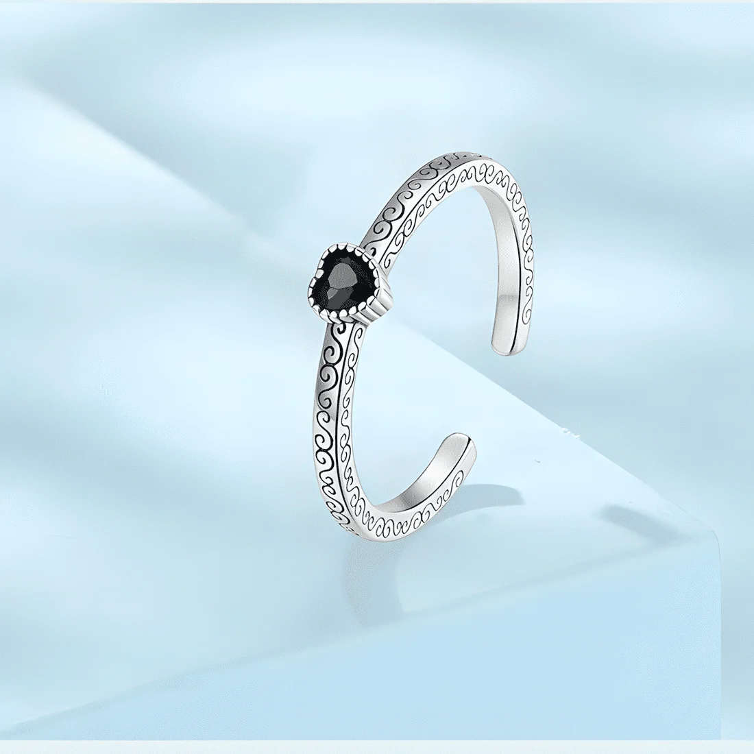 Anillo de Corazón Negro <myexti><span>Plata de Ley 925, chapada en oro blanco, con circonitas negras y grabados vintage - ajustable</span></myexti> - Imagen 3