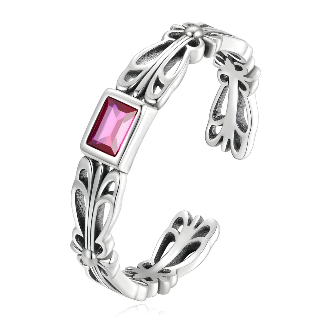 Anillo de Piedras Preciosas Florales <myexti><span>Plata de Ley 925, chapada en oro blanco, con circonitas rosas - ajustable</span></myexti>