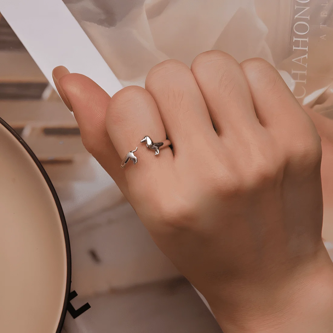 Anillo de Perro Salchicha <myexti><span>Plata de Ley 925, chapada en oro blanco - ajustable</span></myexti> - Imagen 5