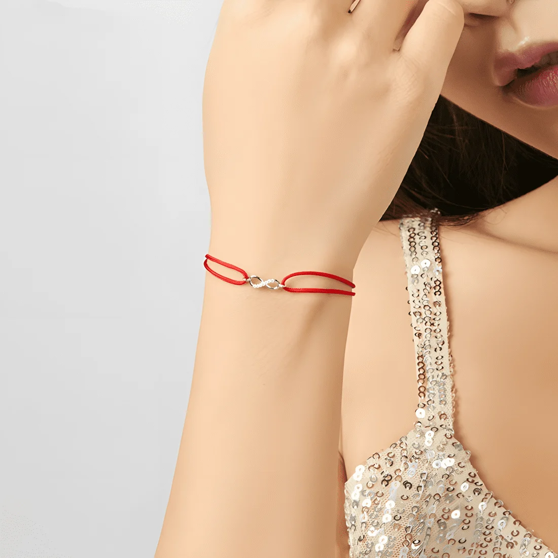 Pulsera Infinito <myexti><span>Plata de Ley 925, chapada en oro blanco, con circonitas y cuerda marinera roja - ajustable</span></myexti> - Imagen 2