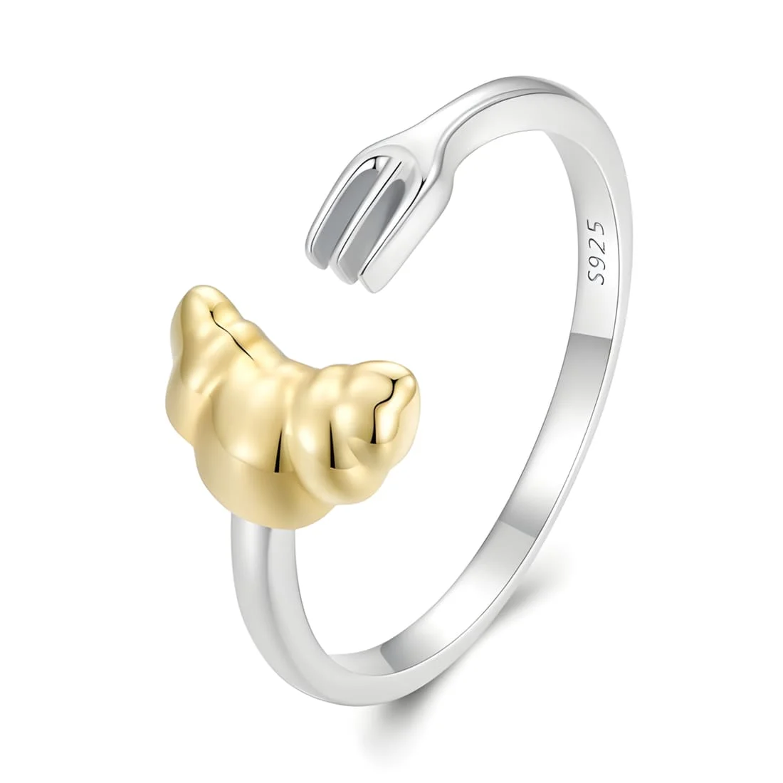 Anillo Croissant y Tenedor <myexti><span>Plata de Ley 925, chapada en oro blanco, con croissant chapado en oro amarillo - ajustable</span></myexti>