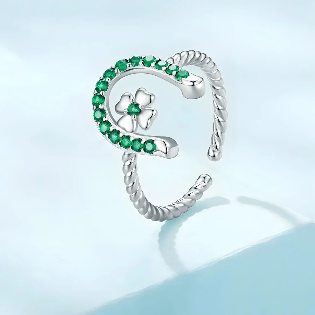 Anillo de Herradura <myexti><span>Plata de Ley 925, chapada en oro blanco, con circonitas verdes - ajustable</span></myexti> - Imagen 3