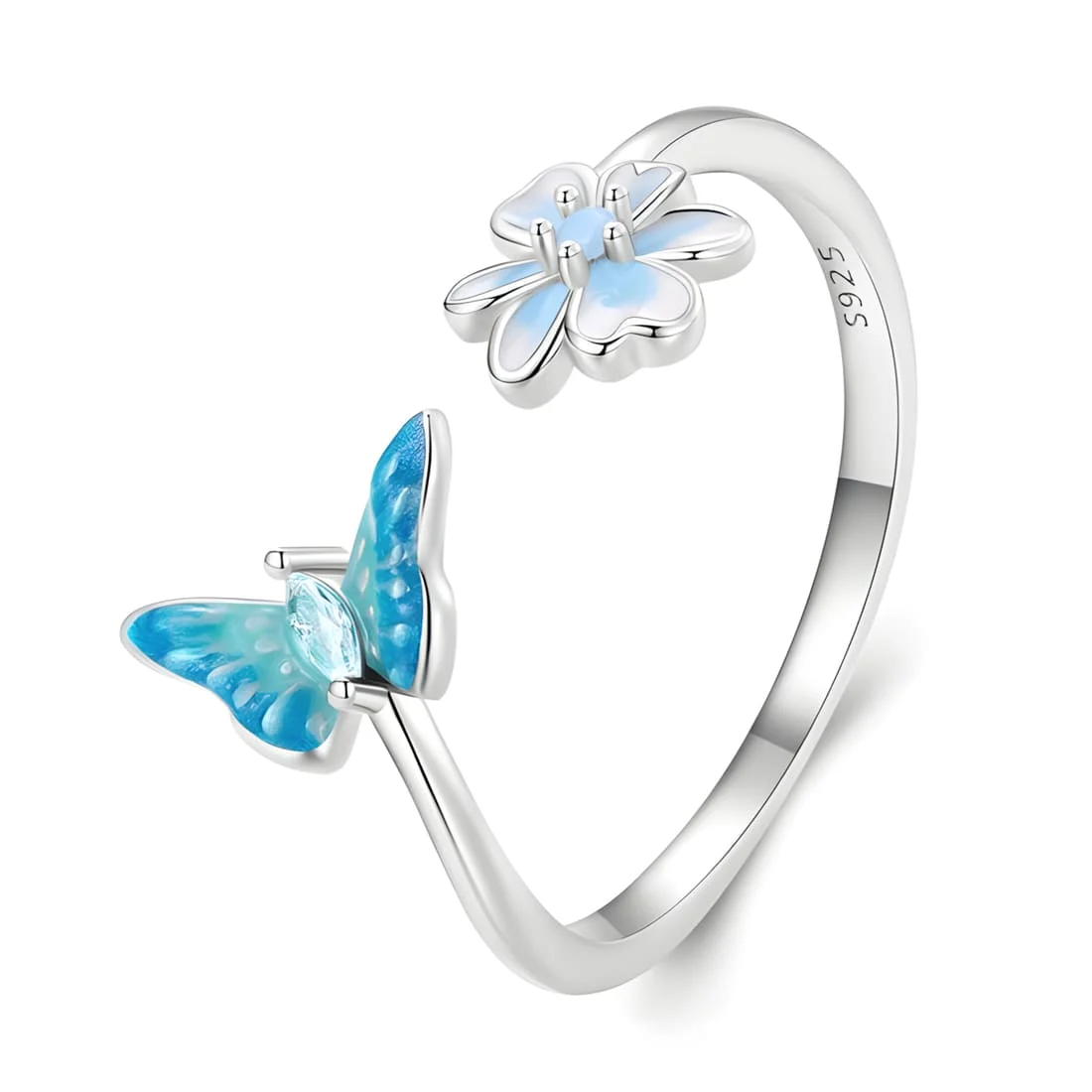 Anillo Flor de Mariposa <myexti><span>Plata de Ley 925, chapada en oro blanco, con esmalte azul y circonitas - ajustable</span></myexti>