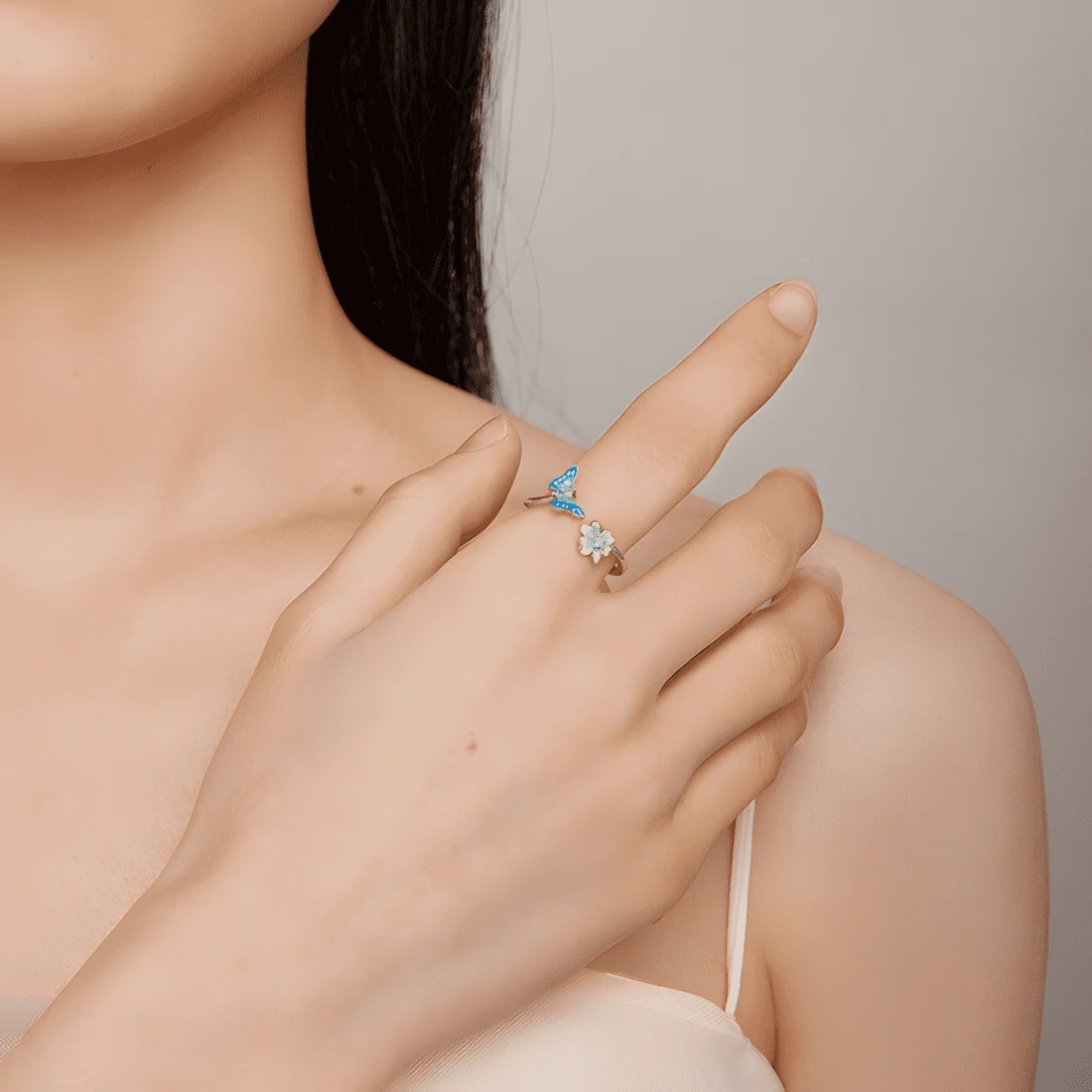 Anillo Flor de Mariposa <myexti><span>Plata de Ley 925, chapada en oro blanco, con esmalte azul y circonitas - ajustable</span></myexti> - Imagen 2