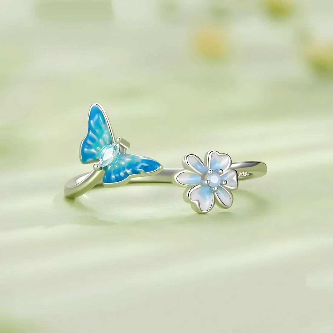 Anillo Flor de Mariposa <myexti><span>Plata de Ley 925, chapada en oro blanco, con esmalte azul y circonitas - ajustable</span></myexti> - Imagen 3