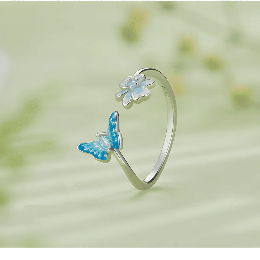 Anillo Flor de Mariposa <myexti><span>Plata de Ley 925, chapada en oro blanco, con esmalte azul y circonitas - ajustable</span></myexti> - Imagen 4