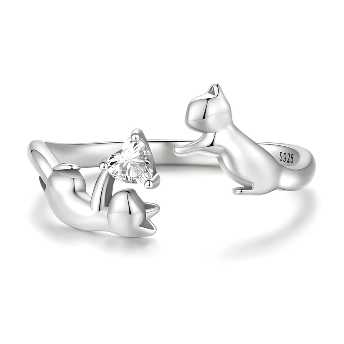 Anillo Gatos Juguetones <myexti><span>Plata de Ley 925, chapada en oro blanco, con circonita en forma de corazón - ajustable</span></myexti>